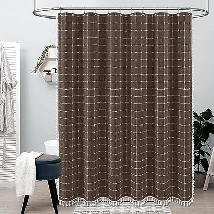 BTTN 54x78 Boho Farmhouse Linen Heavy Duty Fabric Shower Curtain Set, Brown