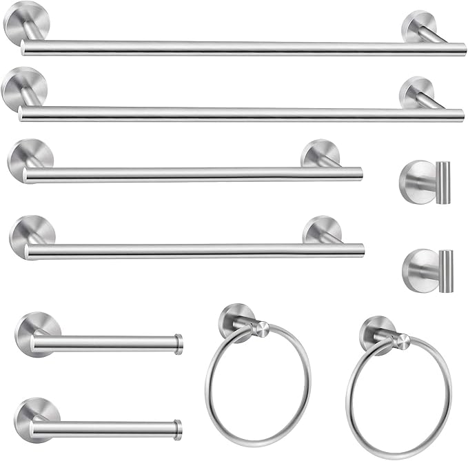 Cilee 10 Piece Brushed Nickel Bathroom Hardware Set, 24" 16" Towel Bar Set | 24 & 16 inch Towel bar, Toilet Paper Holder, Towel Ring, Towel Hook, Bathroom Accessories Set Stainless Steel Wall Mounted