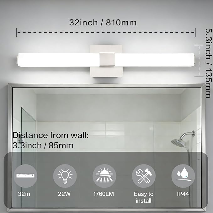 32 Inch Brushed Nickel Modern Vanity Light Bar: IP44 Waterproof Bathroom Light Fixtures Over Mirror 6000K Daylight 22W