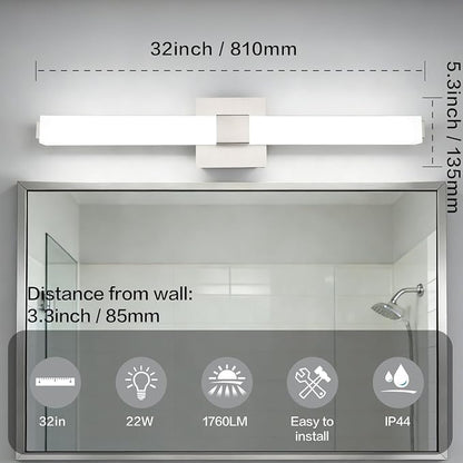 32 Inch Brushed Nickel Modern Vanity Light Bar: IP44 Waterproof Bathroom Light Fixtures Over Mirror 6000K Daylight 22W