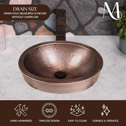 Monarch Abode Bathroom Sink – 17-Inch Oval Skirted Drop In Bathroom Sink, Top Mount Hand Hammered Pure Copper Vanity Sinks for Countertop, Powder Room or Restroom, Drop in Sinks for Bathrooms