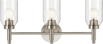Kichler Madden 3-Light Vanity with Clear Glass in Brushed Nickel, Sloped Ceiling Compatible, for Single Vanity in Bathroom (10.5" x 24"), 55185NI