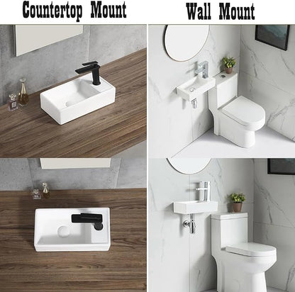 14"x7" Small Bathroom Sink Wall Mount Bathroom Sink Rectangle Ceramic Wash Basin floating Mini Vessel Sink for Bathrooms, Right Hand