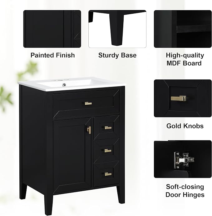Merax 24 Inch Bathroom Vanities with Undermount Ceramic Sink, Tip-Over Drawer and Side Drawers, Soft Closing Door with Shelf, Solid Wood Frame, Black