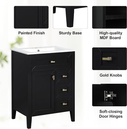 Merax 24 Inch Bathroom Vanities with Undermount Ceramic Sink, Tip-Over Drawer and Side Drawers, Soft Closing Door with Shelf, Solid Wood Frame, Black