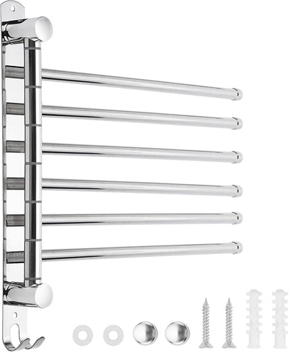 6 - Arm Stainless Steel Swivel Towel Rack with Hook: Wall - Mounted, Rustproof Space - Saver for Bathroom & Kitchen - 180° Rotation, 14kg Capacity