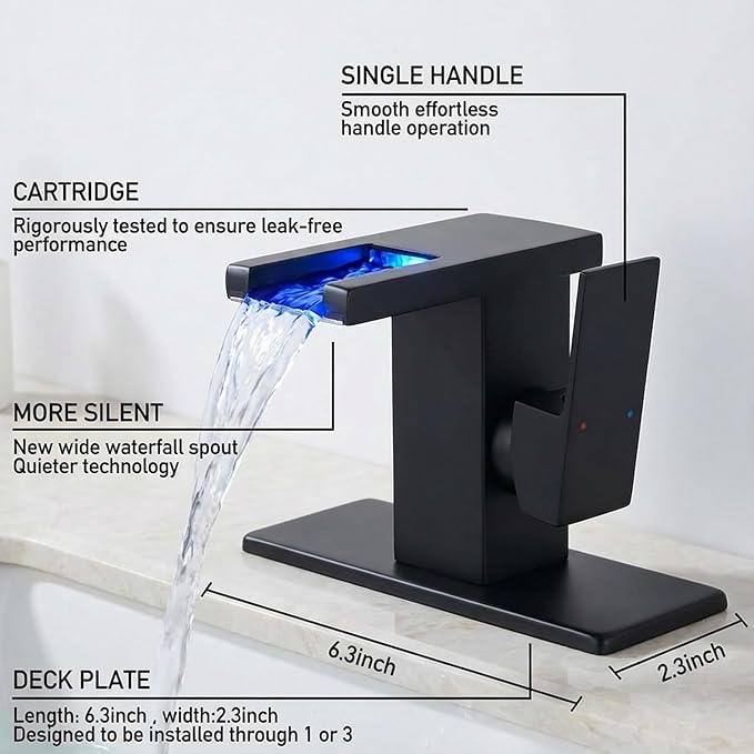LED Bathroom Sink Faucet, Matte Black Waterfall Single Hole Handle Vanity Faucets for Sinks 1 Hole with Metal Pop Up Drain and 2 Water Supply Lines, Side Handle