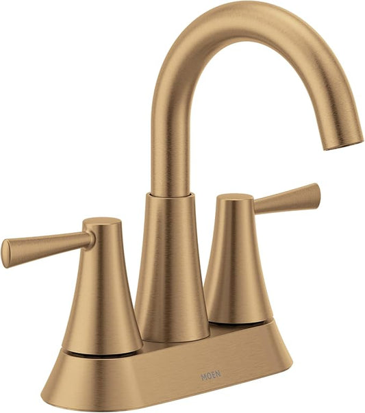 Moen Ronan Bronzed Gold Two-Handle 4" Centerset Modern Bathroom Faucet with Push-Down Drain, 84022BZG