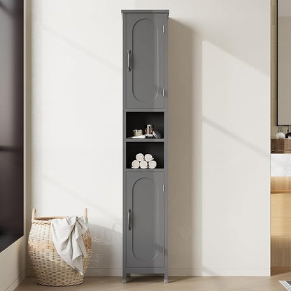 67" Tall Bathroom Storage Cabinet with Lights, Slim Narrow Bathroom Cabinet Organizer with Doors and Adjustable Shelves, Tall Cabinet for Small Space (66.9" Tall-Grey with Light)