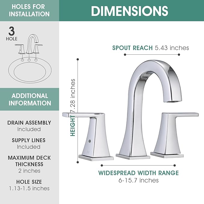 Bathroom Faucets for Sink, 2 Handle Widespread Bathroom Sink Faucet, 3 Hole Modern Stainless Steel Faucet with Pop-up Drain and Water Supply Lines, Chrome