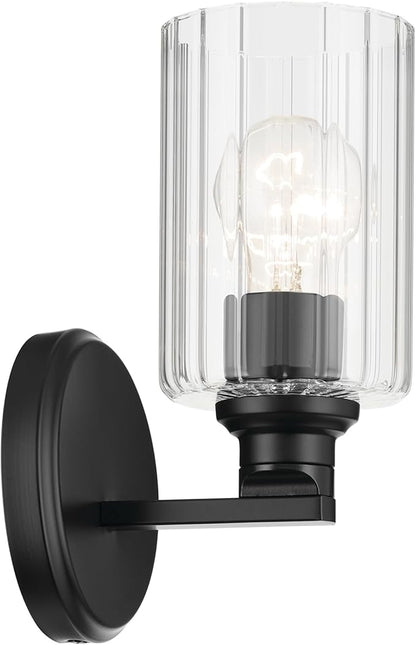Kichler Gioe 5" 1-Light Wall Sconce with Clear Fluted Glass in Black, Damp Rated, for Powder Room, Kitchen, Hallway, Bedroom, Fireplace, (5" W x 9.5" H), 55224BKFLU