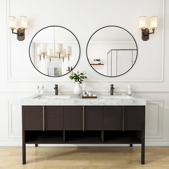Black Round Bathroom Mirror 24", Thin Metal Frame Wall Mirror | Circle Vanity Mirror for Over Sink, Hanging or Leaning Decor for Hallway, Entryway, Fireplace Mantel, Living Room