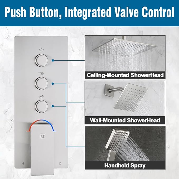 Shower Faucet Set Brushed Nickel Bathroom Rainfall Shower System, 12 Inch Ceiling Mount Shower Head with 6 Inch Wall Mount Shower Head, Include Shower Valve and Trim Kit