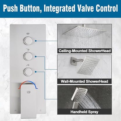 Shower Faucet Set Brushed Nickel Bathroom Rainfall Shower System, 12 Inch Ceiling Mount Shower Head with 6 Inch Wall Mount Shower Head, Include Shower Valve and Trim Kit