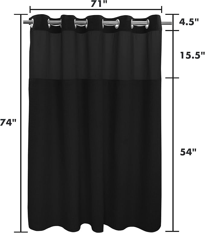 River Dream Black Cotton Blend Fabric Shower Curtain Set with Liner, 71x74 | Waffle Weave, No Hook Needed, with Snap in Replacement Liner, Top Sheer Window, Hotel Quality Fabric for Bathroom