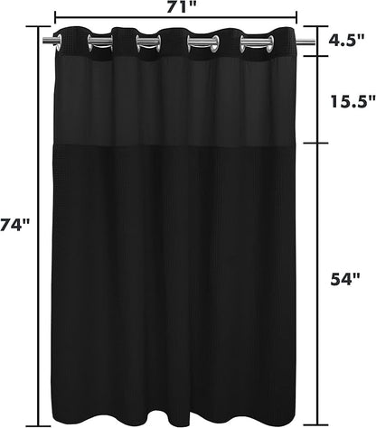 River Dream Black Cotton Blend Fabric Shower Curtain Set with Liner, 71x74 | Waffle Weave, No Hook Needed, with Snap in Replacement Liner, Top Sheer Window, Hotel Quality Fabric for Bathroom