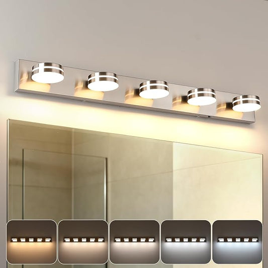 Brushed Nickel Bathroom Light Fixtures Over Mirror, 5-Light | LED Dimmable Bath Lights, Modern Wall Mounted Lighting Fixture with Rotating Lamp Head, Acrylic Metal, 5CCT 40.55in