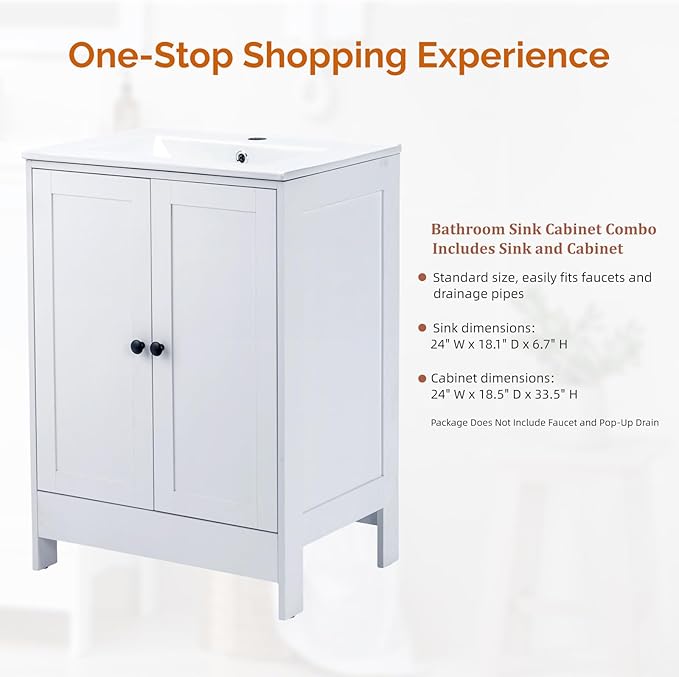 VINGLI 24 Inch White Bathroom Vanity with Sink, Modern Freestanding Sink Vanity with Soft-Close Doors and Storage Shelves, White Bathroom Cabinet with Single Hole Ceramic Basin for Small Bathrooms