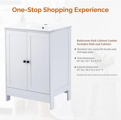 VINGLI 24 Inch White Bathroom Vanity with Sink, Modern Freestanding Sink Vanity with Soft-Close Doors and Storage Shelves, White Bathroom Cabinet with Single Hole Ceramic Basin for Small Bathrooms