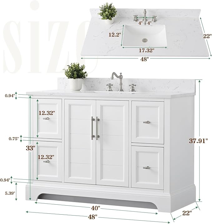Vanity Art 48 Inch Single Bathroom Vanity With Ceramic Sink and Engineered Marble Top | Undermount Rectangular Cabinet, Soft Closing Doors, Dovetailed Drawers, No Mirror VA5048-W