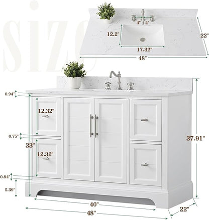 Vanity Art 48 Inch Single Bathroom Vanity With Ceramic Sink and Engineered Marble Top | Undermount Rectangular Cabinet, Soft Closing Doors, Dovetailed Drawers, No Mirror VA5048-W
