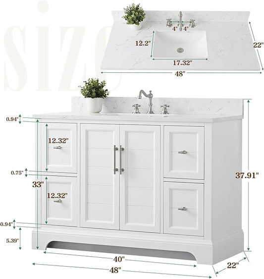 Vanity Art 48 Inch Single Bathroom Vanity With Ceramic Sink and Engineered Marble Top | Undermount Rectangular Cabinet, Soft Closing Doors, Dovetailed Drawers, No Mirror VA5048-W