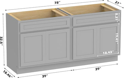 Vanity Art 78 Inch Bathroom Base Cabinet Only, Double Sink Top (Not Include Sink) with Door & Soft Close Hinge, Unassembled Floor Cabinet, Grey, 2ea 39 Inch Combo