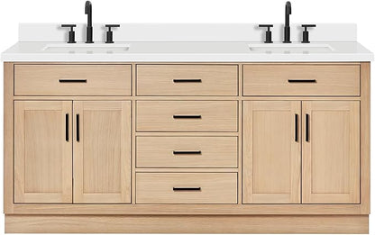 ARIEL Hepburn 72-inch Bathroom Vanity with Sink,Solid Wood, 1.5-inch Pure White Quartz Countertop, Double Rectangular Porcelain Sink, 4 Soft Closing Doors, 6 Dovetail Drawers, White Oak