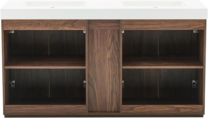 60" Bathroom Vanity with Double Sink, Freestanding Double Sink Bathroom Vanity with White Engineered Stone Top, Open Storage Cabinet & Adjustable Shelf, 4 Soft-Closing Doors, Walnut