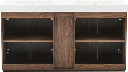60" Bathroom Vanity with Double Sink, Freestanding Double Sink Bathroom Vanity with White Engineered Stone Top, Open Storage Cabinet & Adjustable Shelf, 4 Soft-Closing Doors, Walnut