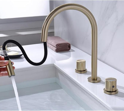 3 Hole Basin Faucets Pull Out Basin Mixer Faucet Dual Mode Bathroom Mixer Faucet Brass-Brushed Gold