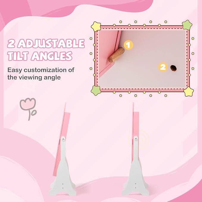 HONEY JOY Kids Jewelry Armoire Cabinet, Rabbit Themed Wooden Standing Jewelry Organizer w/Full-length Mirror and Storage Drawers, Children Dress Up Jewelry Cabinet for Little Girls (Pink)