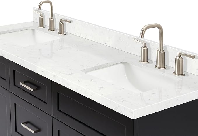 ARIEL Hamlet 66-inch Bathroom Vanity with Sink,Solid Wood, 1.5-inch Carrara White Quartz Countertop & Backsplash, Double Rectangular Porcelain Sink, 4 Soft Closing Doors, 3 Dovetail Drawers, Black