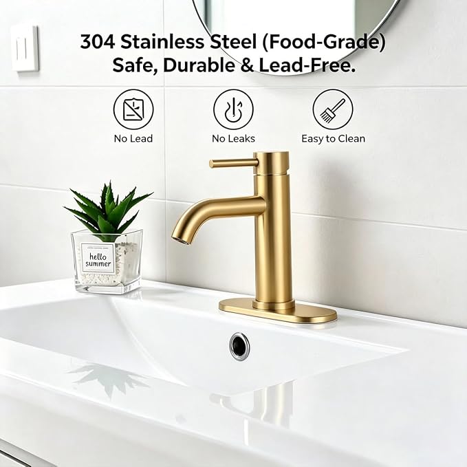 Brushed Gold Single Handle Bathroom Sink Faucet, 1/3 Hole Installation, Lead-Free Stainless Steel, Includes Pop-up Drain & Flexible Supply Lines, for Vanity, Modern Farmhouse and RV Sinks