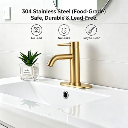 Brushed Gold Single Handle Bathroom Sink Faucet, 1/3 Hole Installation, Lead-Free Stainless Steel, Includes Pop-up Drain & Flexible Supply Lines, for Vanity, Modern Farmhouse and RV Sinks