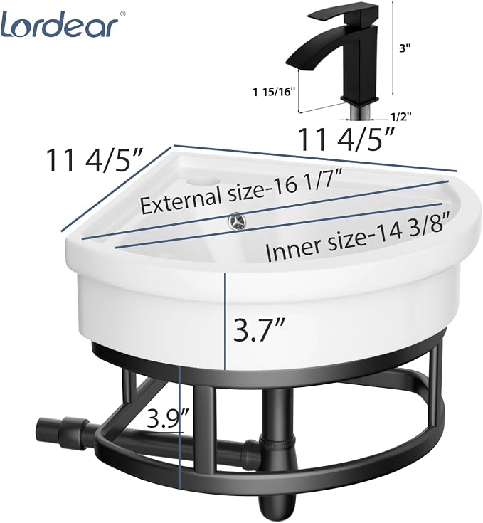 Lordear Corner Wall Mounted Bathroom Sink with Towel Rack – 11 4/5" x 11 4/5" Inch Triangular Wall Hung Porcelain Vessel Sink for Small Bathrooms One Hole Vanity Sink for Corner Installation