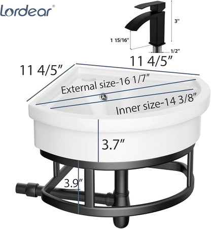 Lordear Corner Wall Mounted Bathroom Sink with Towel Rack – 11 4/5" x 11 4/5" Inch Triangular Wall Hung Porcelain Vessel Sink for Small Bathrooms One Hole Vanity Sink for Corner Installation