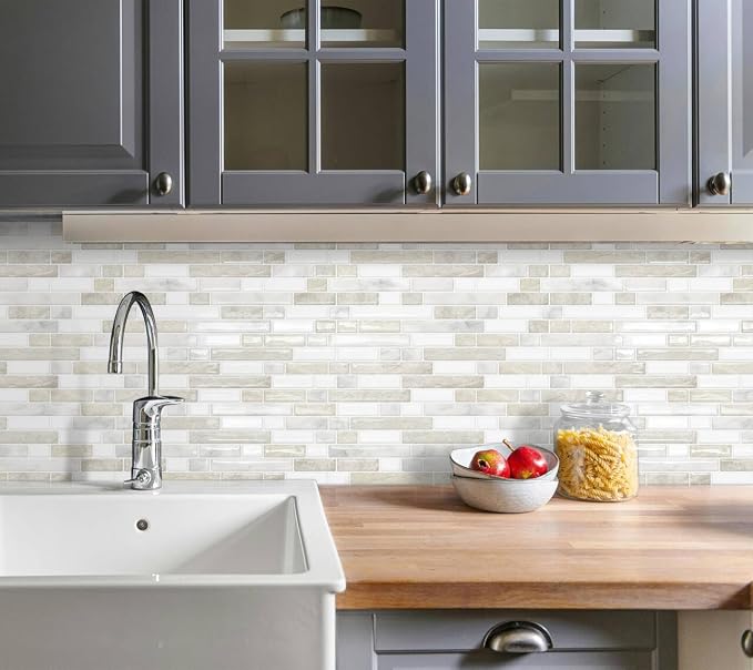 Peel and Stick Backsplash 3D Self Adhesive Wall Tile Beige 10 Sheet | Thick,Sticky,Vinyl,12"x12",Marble,for Kitchen,Bathroom