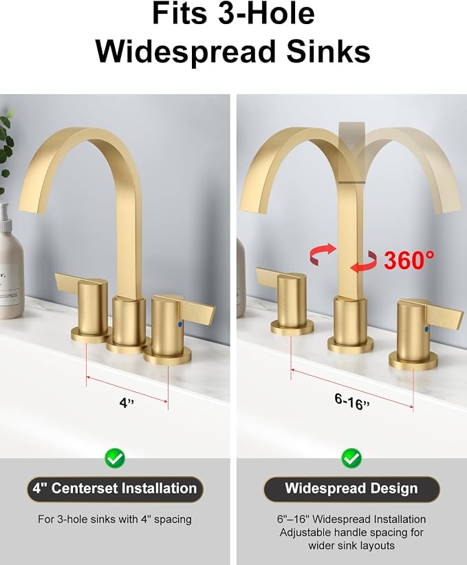 Gold 3 Hole Bathroom Faucet,8" Widespread Vanity Faucet | 2 Handle Waterfall Bathroom Sink Faucet with Pop-Up Drain,Supply Lines,360° Swivel Spout,Lead-Free Stainless Steel,Deck Mount