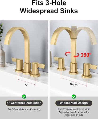 Gold 3 Hole Bathroom Faucet,8" Widespread Vanity Faucet | 2 Handle Waterfall Bathroom Sink Faucet with Pop-Up Drain,Supply Lines,360° Swivel Spout,Lead-Free Stainless Steel,Deck Mount