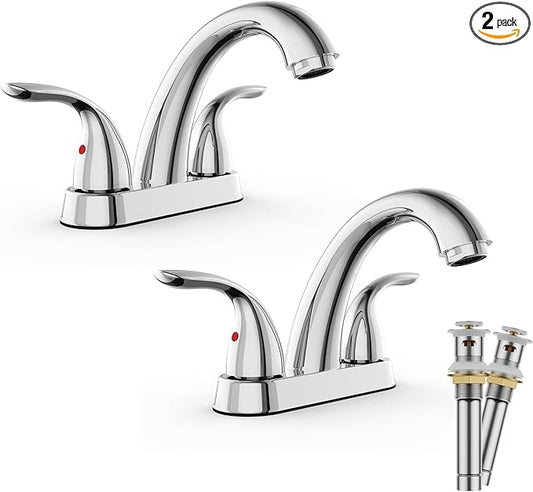 Phiestina Chrome 4 Inch 2 Handle Centerset 2 or 3 Holes Bathroom Faucet 2 Pack, Vanity Sink Faucet with Copper Pop Up Drain and Water Supply Lines, BF008-5-C-2PACK