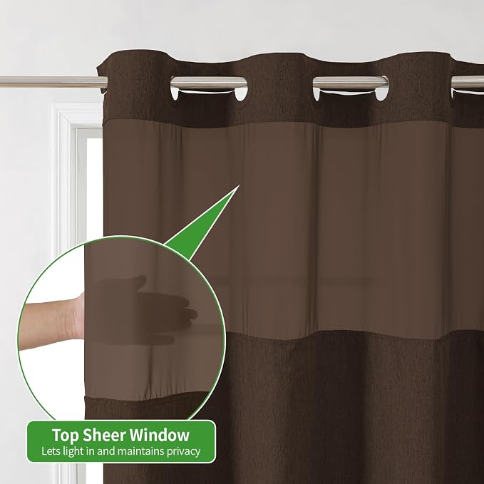 eachope No Hook Linen Texture Shower Curtain with Snap-in Liner,71x86 Brown | Extra Long,230GSM Thick Fabric,Hotel Luxury Decor,Mesh Top Window,Bottom Magnetic,Waterproof & Machine Washable,for Bathroom