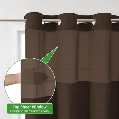 eachope No Hook Linen Texture Shower Curtain with Snap-in Liner,71x86 Brown | Extra Long,230GSM Thick Fabric,Hotel Luxury Decor,Mesh Top Window,Bottom Magnetic,Waterproof & Machine Washable,for Bathroom