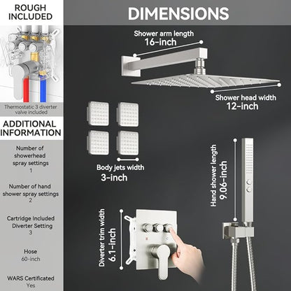 Brushed Nickel Shower Systems with 4 Body Spray Jets, STARBATH 12" Rainfall Shower Head with Handheld Combo, Can Use All at Once, Push Button Shower Jets System in Wall Shower Faucet Sets Complete
