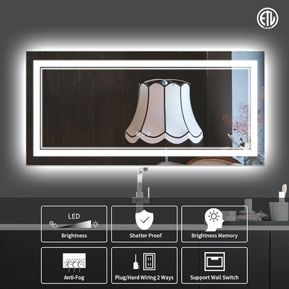 72x32 Inch LED Mirror for Bathroom | Front and Backlit, 3 Colors, Dimmable, Memory, Anti Fog, Shatterproof, Horizontal/Vertical, Lighted Mirrors for Bathroom Wall