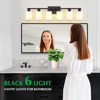 6-Light Bathroom Vanity Light Black, Matte Black Bathroom Light Fixture, Vanity Lights with Milky White Frosted Glass Shades, Wall Sconces Over Mirror for Makeup Living Room(Bulbs Not Included)