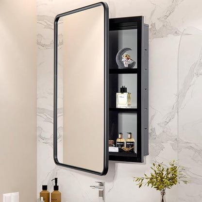 16 x 24 Black Bathroom Medicine Cabinet with Mirror Metal Frame Recessed Or Wall Mounted Single Door Storage Medicine Cabinets with Adjustable Shelves Rounded Corner Beveled Mirrors