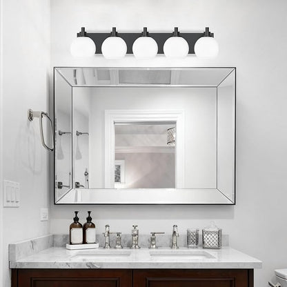 IZORRO Bathroom Light Fixtures, 5-Light Matte Black Vanity Light, Modern Wall Sconces with Globe Milk White Glass Shade, Vanity Lighting Fixtures Over Mirror,E26 Bulb Socket