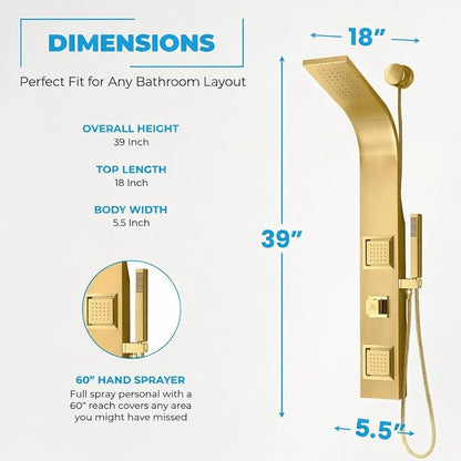 ANZZI Aura Series 39" Shower Panel Tower System | Full Body 2-Jetted Shower Tower, Head Panel with Heavy Rain Overhead, Euro-Grip Wall Mount Handheld Wand, DIY Friendly – Brushed Gold