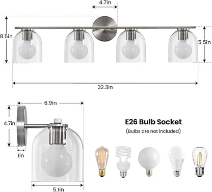 WOSHITU Bathroom Vanity Light Fixtures: 32.3 Inch Modern Brushed Nickel Bathroom Vanity Lights Over Mirror with Clear Glass Shade, 4-Light Bathroom Light Fixture Wall Lights Over Mirror